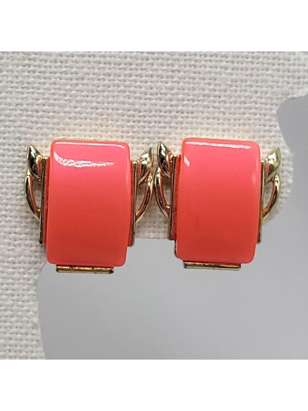 Vintage Gold-Tone & Coral Thermoset Clip-On Earrings Mid-Century Style MCM